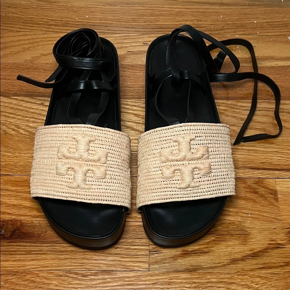 Tory Burch Black and Tan Platform Sandals - Picture 1 of 6